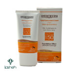 کرم ضدآفتاب SPF50 فاقد چربی با پوشش کرم پودری هیدرودرم بژ طبیعی جلوی محصول و جعبه