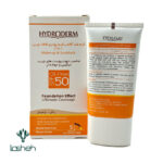 کرم ضدآفتاب SPF50 فاقد چربی با پوشش کرم پودری هیدرودرم یژ طبیعی پشت محصول و جعبه