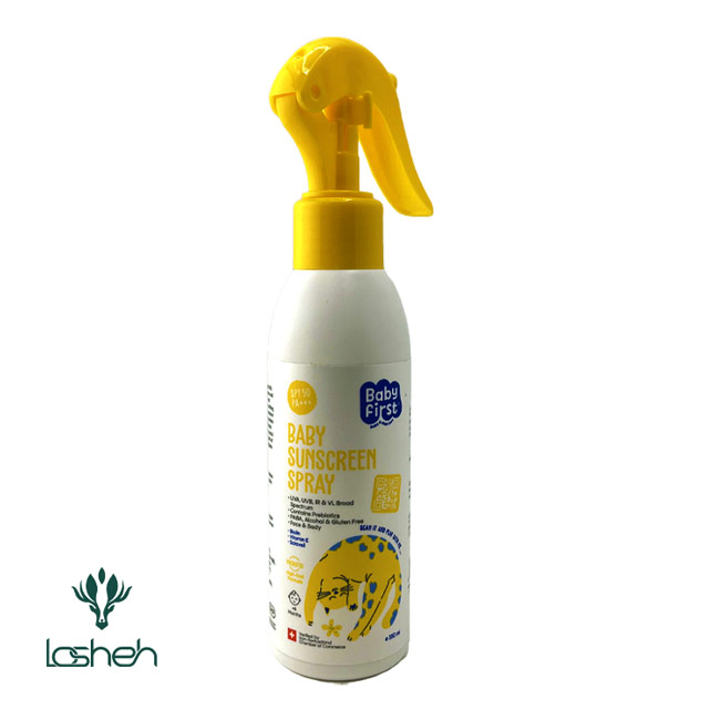 اسپری ضد آفتاب کودک بیبی فرست حاوی ترکیبات پری بیوتیک spf50